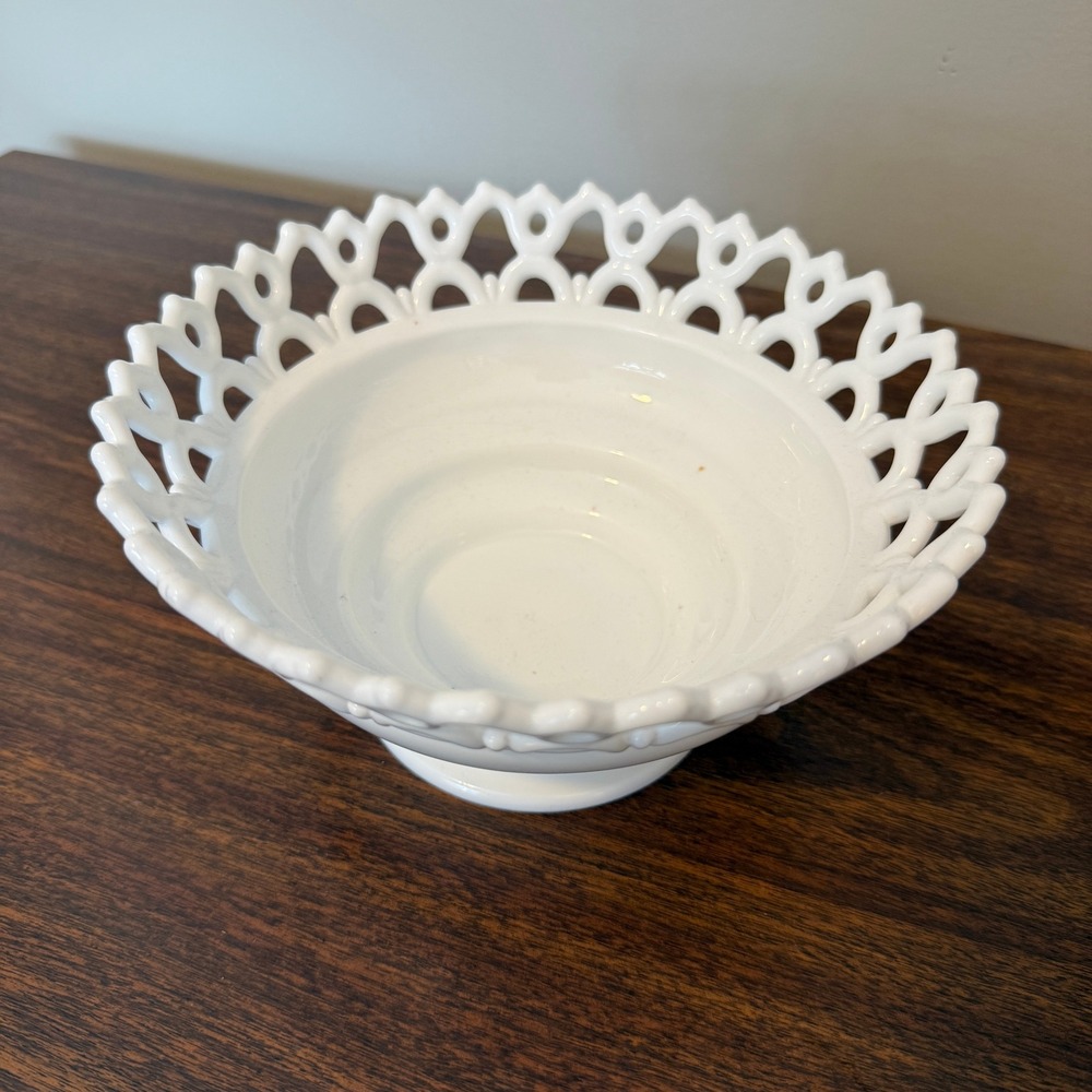 Vintage White Milk Glass Pedestal Bowl Open Lace‎ Lattice Edge Footed Dish